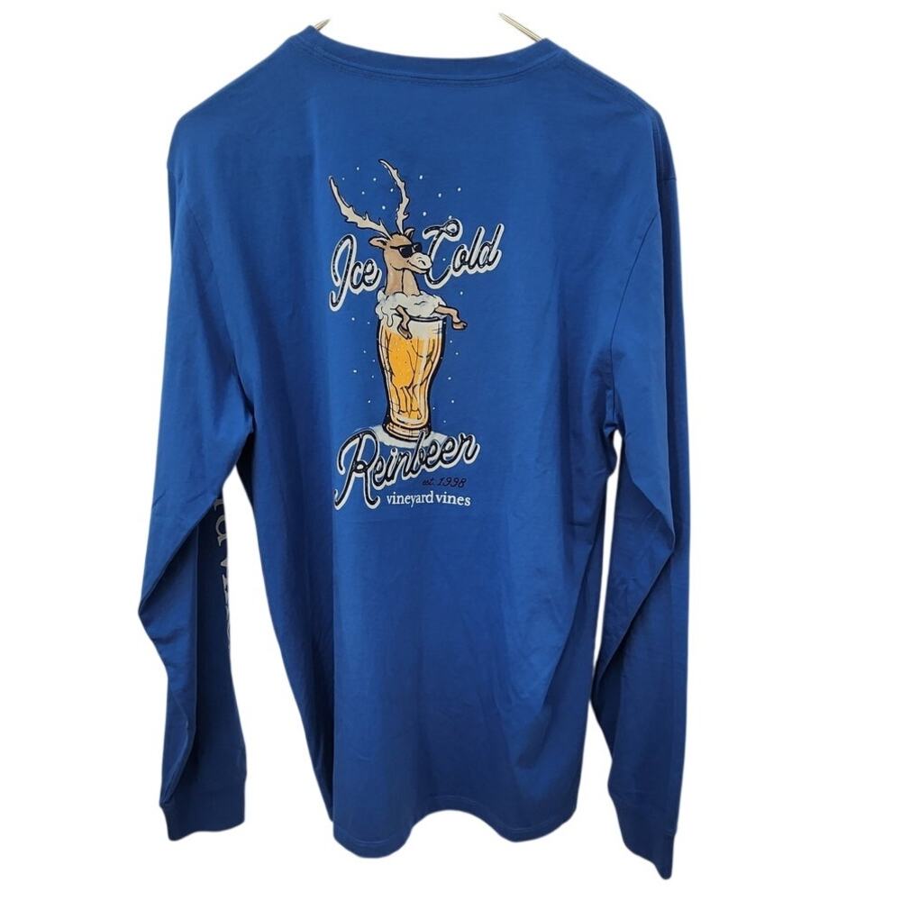 New NWT‎ Vineyard Vines Long Sleeve Blue T-Shirt Size Medium Christmas Reindeer